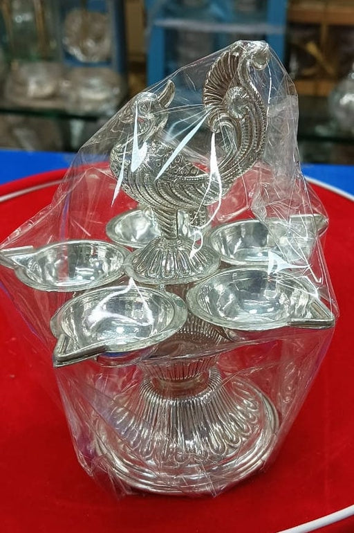 Pure Silver 5 Flame Diya with Peacock Design Showpiece on Top of Diya for Home Temple, Silver Gift Items, Silver Diya for Pooja - 75 Gram in India, UK, USA, All Country