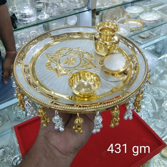 Pure Silver Gold Plated Handmade Fancy Designer - 8 Inch Thali Set with Small Bowl, Oval Shape Sindoor Dabbi and Small kalash (Loti) in India, UK, USA, All Country