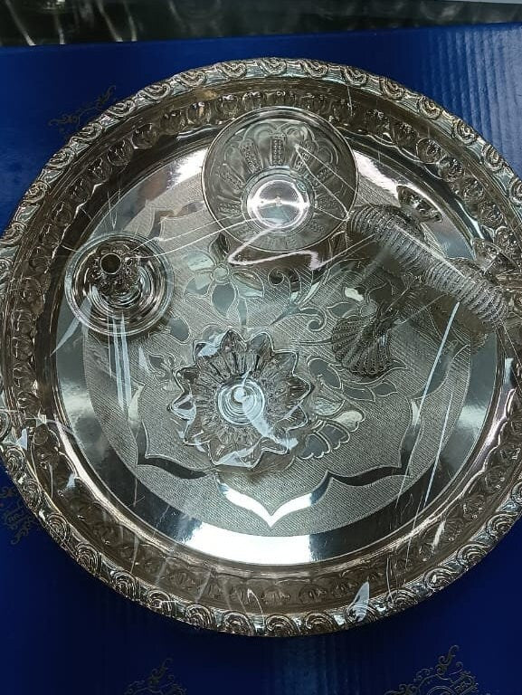 Silver Thali set with Kum Kum Holder, Small Bowl, Designer Diya and insense stick Holder - 180 Gram in India, UK, USA, All Country