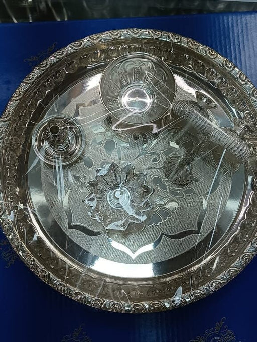 Silver Thali set with Kum Kum Holder, Small Bowl, Designer Diya and insense stick Holder - 180 Gram in India, UK, USA, All Country