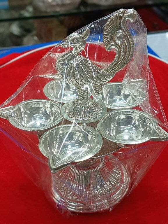 Pure Silver 5 Flame Diya with Peacock Design Showpiece on Top of Diya for Home Temple, Silver Gift Items, Silver Diya for Home Mandir - 75 Gram in India, UK, USA, All Country