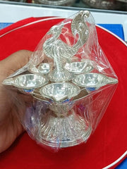 Pure Silver 5 Flame Diya with Peacock Design Showpiece on Top of Diya for Home Temple, Silver Gift Items, Silver Diya for Home Mandir - 75 Gram in India, UK, USA, All Country