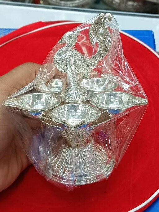 Pure Silver 5 Flame Diya with Peacock Design Showpiece on Top of Diya for Home Temple, Silver Gift Items, Silver Diya for Home Mandir - 75 Gram in India, UK, USA, All Country