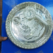 Silver Thali set with Kum Kum Holder, Small Bowl, Designer Diya and insense stick Holder - 180 Gram in India, UK, USA, All Country
