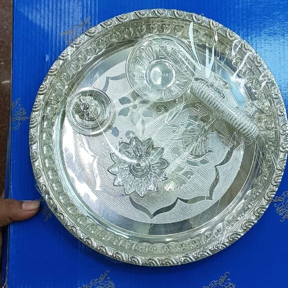 Silver Thali set with Kum Kum Holder, Small Bowl, Designer Diya and insense stick Holder - 180 Gram in India, UK, USA, All Country