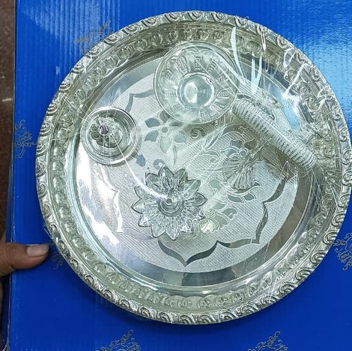 Silver Thali set with Kum Kum Holder, Small Bowl, Designer Diya and insense stick Holder - 180 Gram in India, UK, USA, All Country