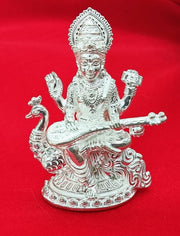 Silver Solid Goddess Saraswati Idol/Sarasvati MATA Statue in Silver Goddess Idol for Gifting, Temple Use in India, UK, USA, All Country