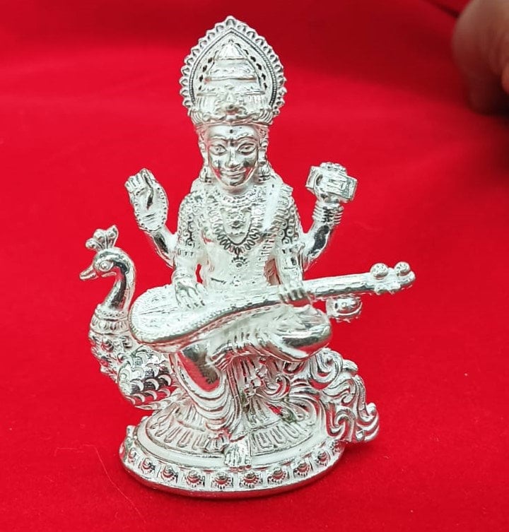 Silver Solid Goddess Saraswati Idol/Sarasvati MATA Statue in Silver Goddess Idol for Gifting, Temple Use in India, UK, USA, All Country