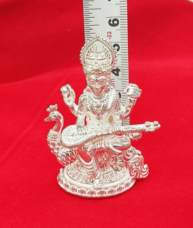 Silver Solid Goddess Saraswati Idol/Sarasvati MATA Statue in Silver Goddess Idol for Gifting, Temple Use in India, UK, USA, All Country